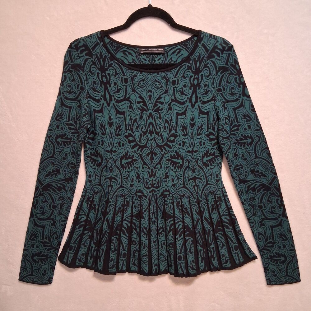 Peruvian Connection XS Sweater Pleated Peplum Teal Floral Pima Cotton Preppy